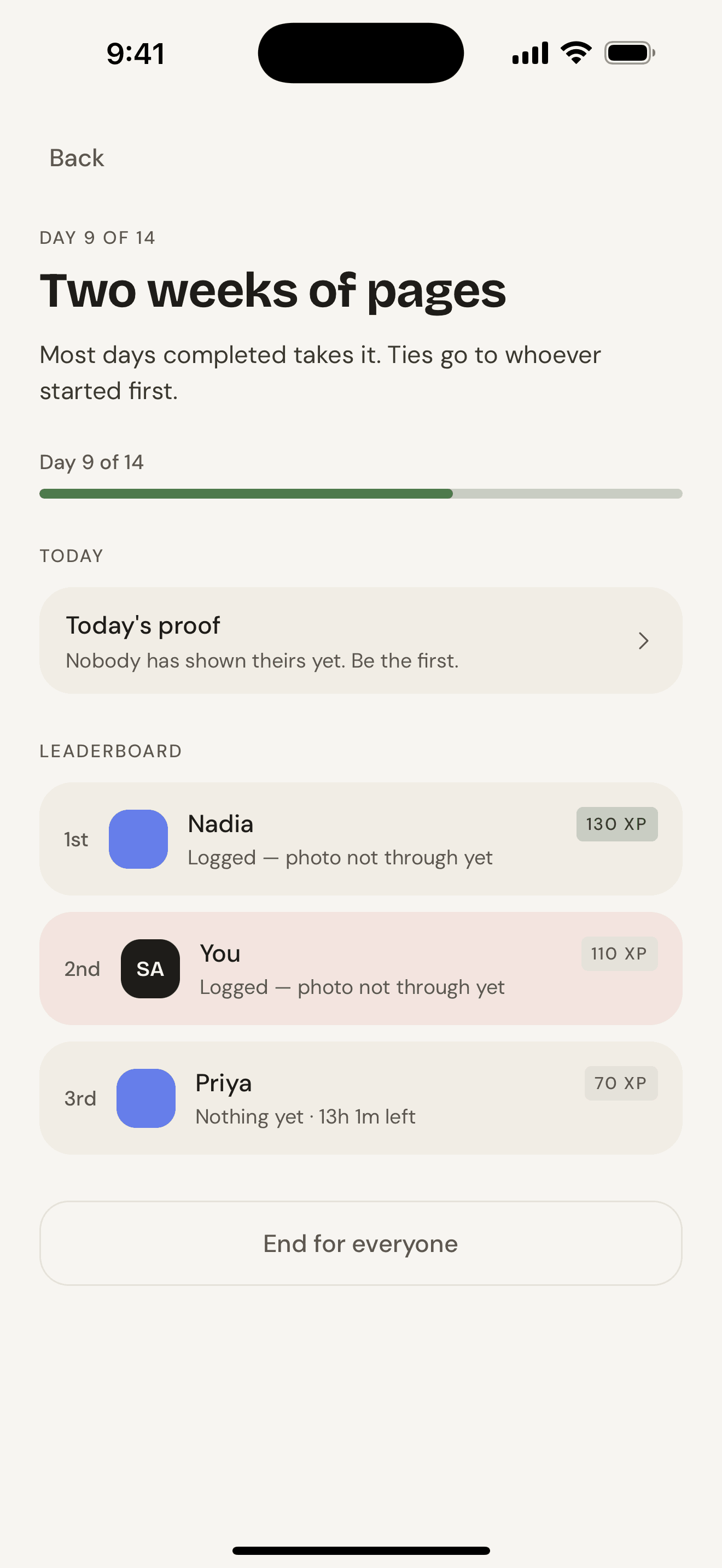 An Onward challenge screen with a leaderboard of participants