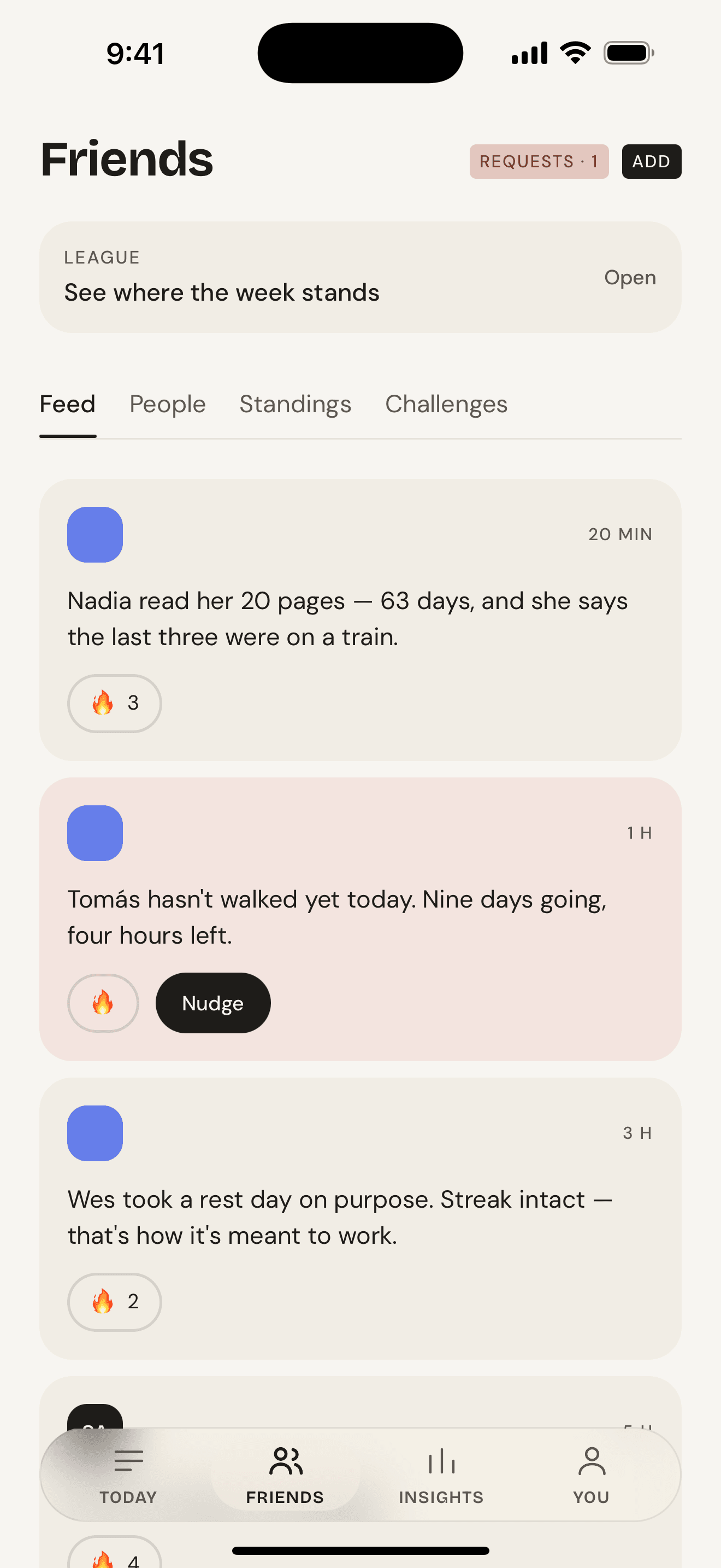 The Onward friends feed, showing recent check-ins and reactions