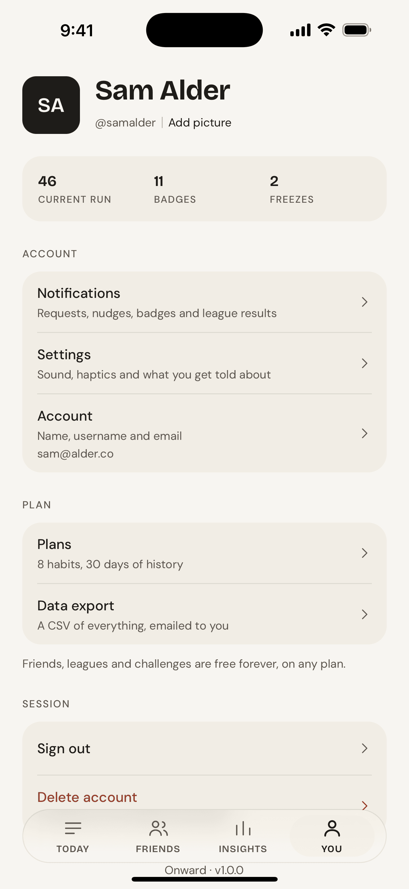 An Onward profile screen listing active habits and their streaks
