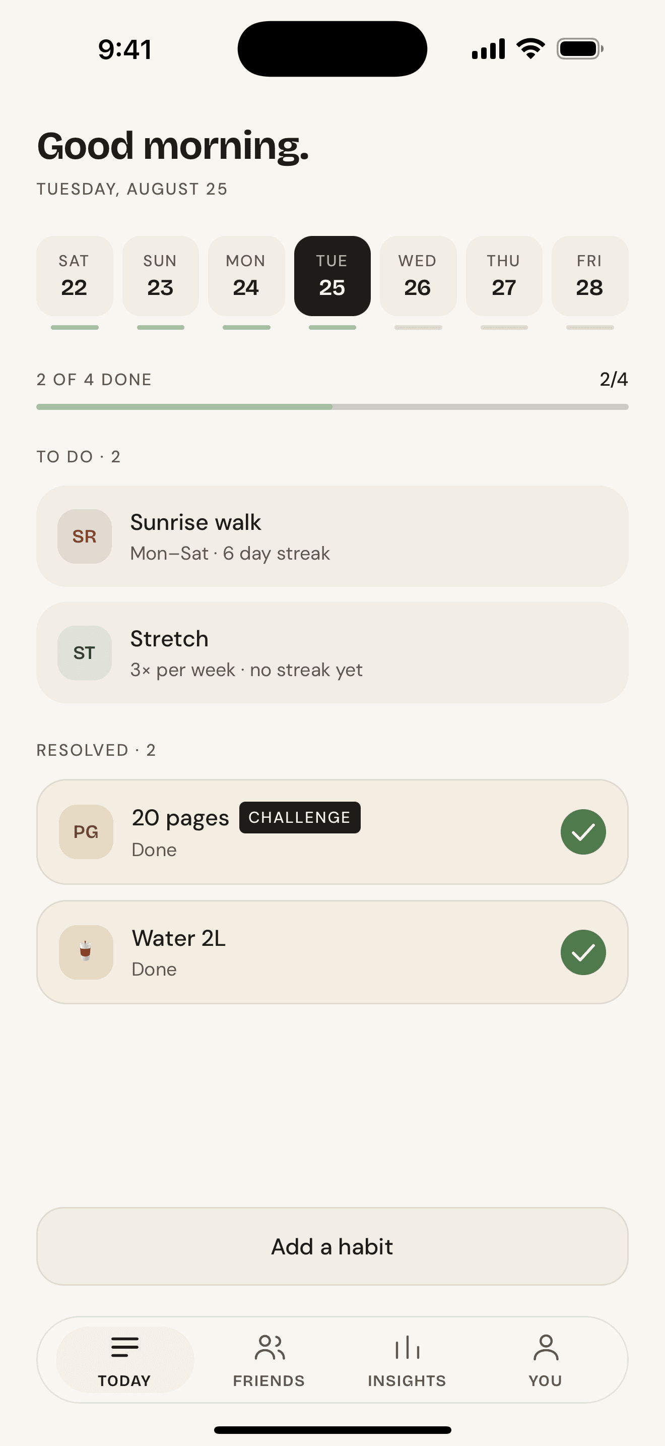 The Onward Today screen, showing the day's habits with streak counts